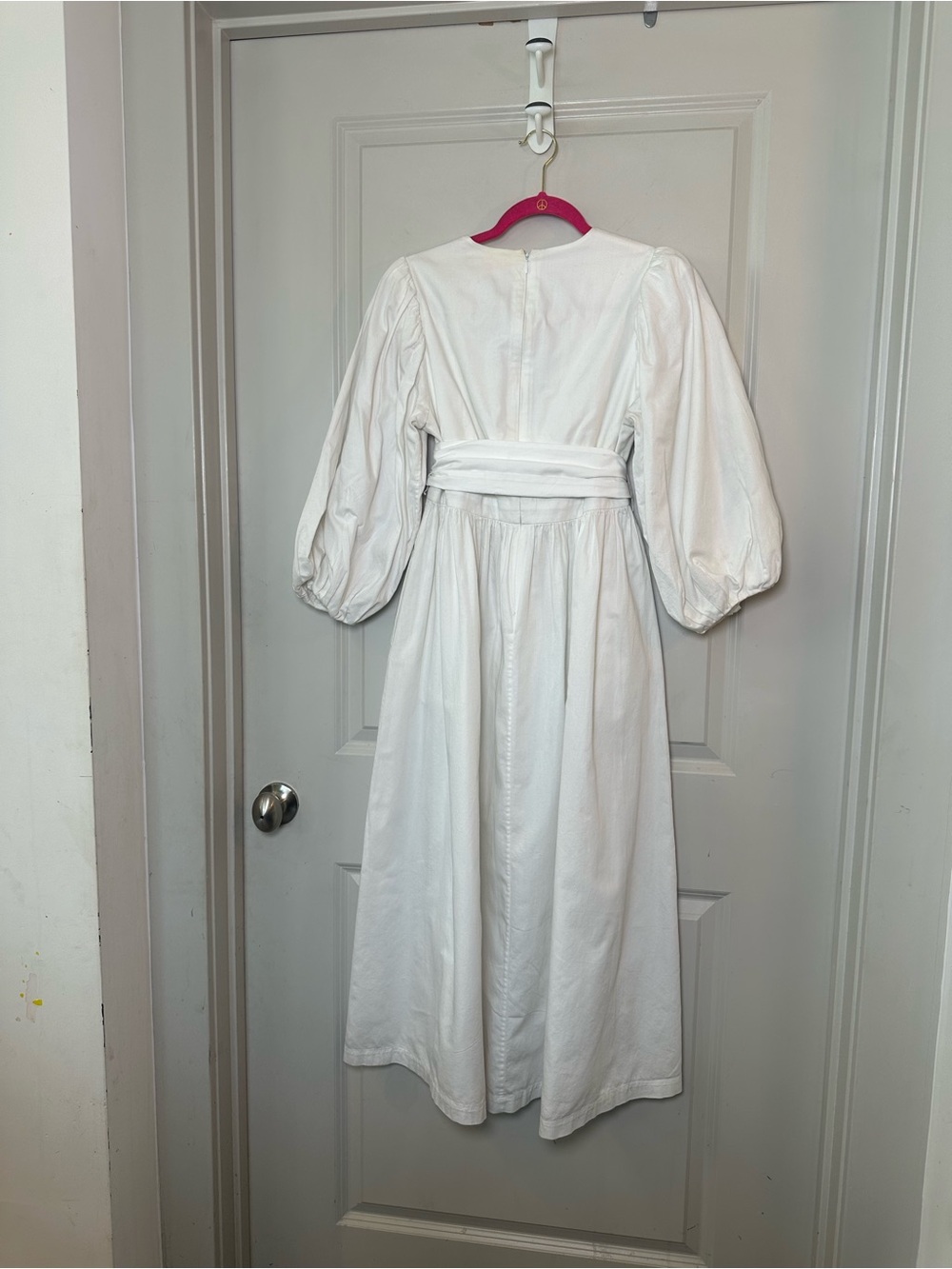 Mara Hoffman Maise Cotton Belted Deep V Puff Sleeves White Minimalist Dress, S - Picture 9 of 10